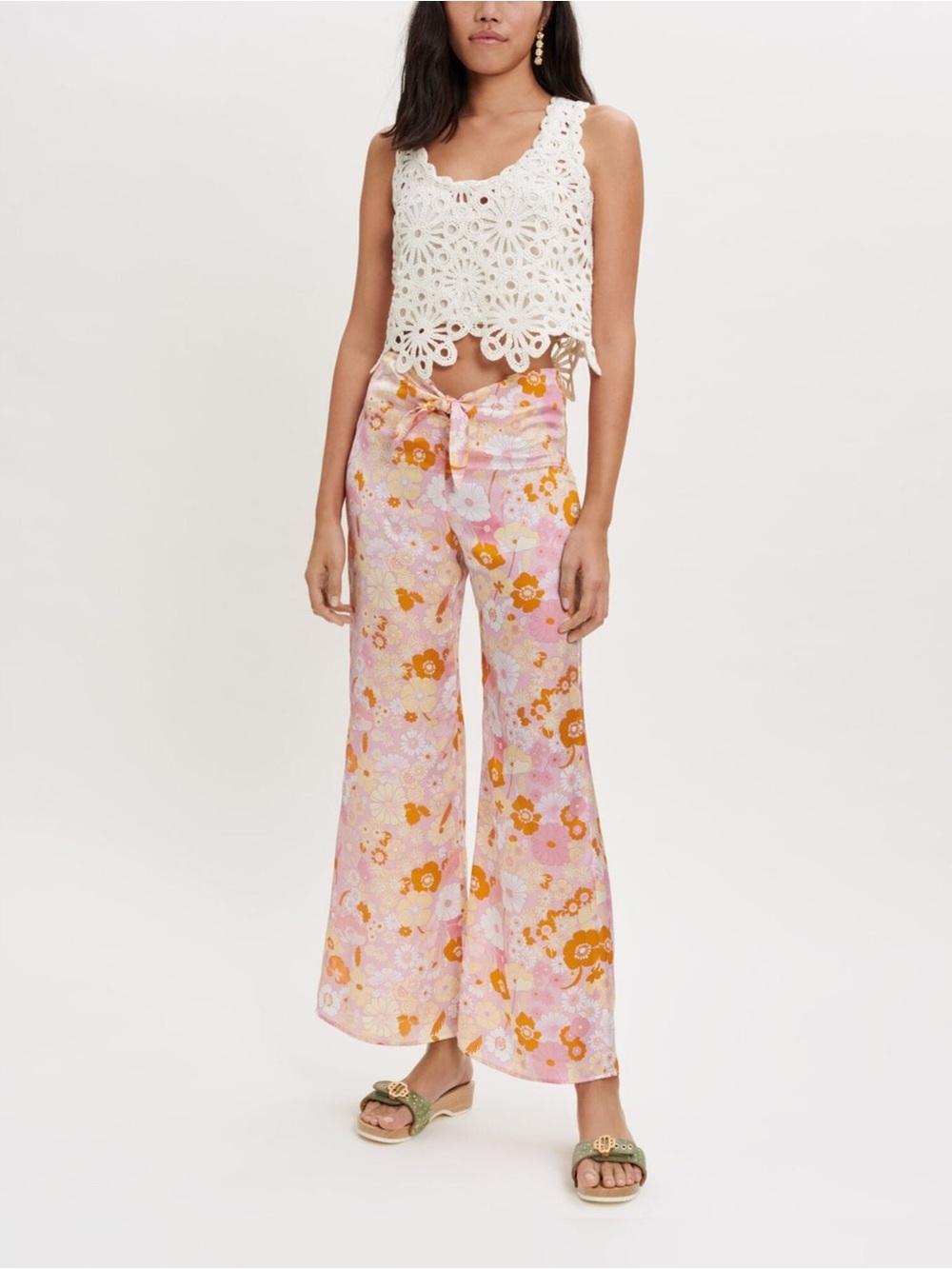 MAJE Fluid Flower Power Pants Pink Satin Wide Leg Tie Front Floral Trouser Sz L